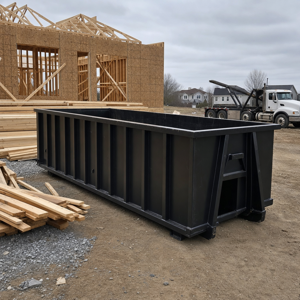 Matte-black 40-yard roll-off dumpster staged on a framed-out residential construction site in El Paso, framing lumber stacked nearby, hooklift delivery truck visible in the background under bright Colorado daylight