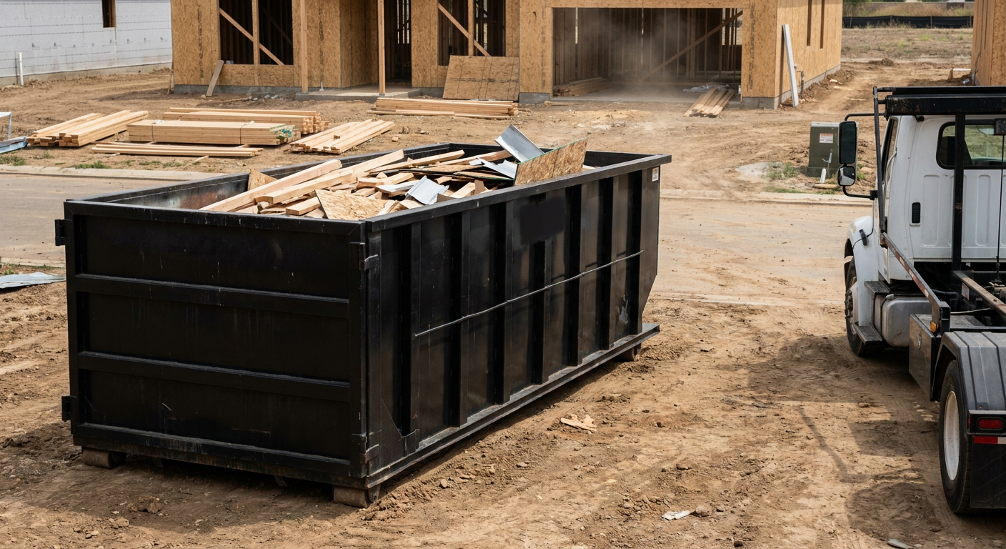 Matte-black 20-yard roll-off construction dumpster with heavy ribbed steel sidewalls and swing rear doors at a working jobsite in El Paso, sitting directly on compacted dirt with an unmarked white hauler partially visible at the far edge of the frame.