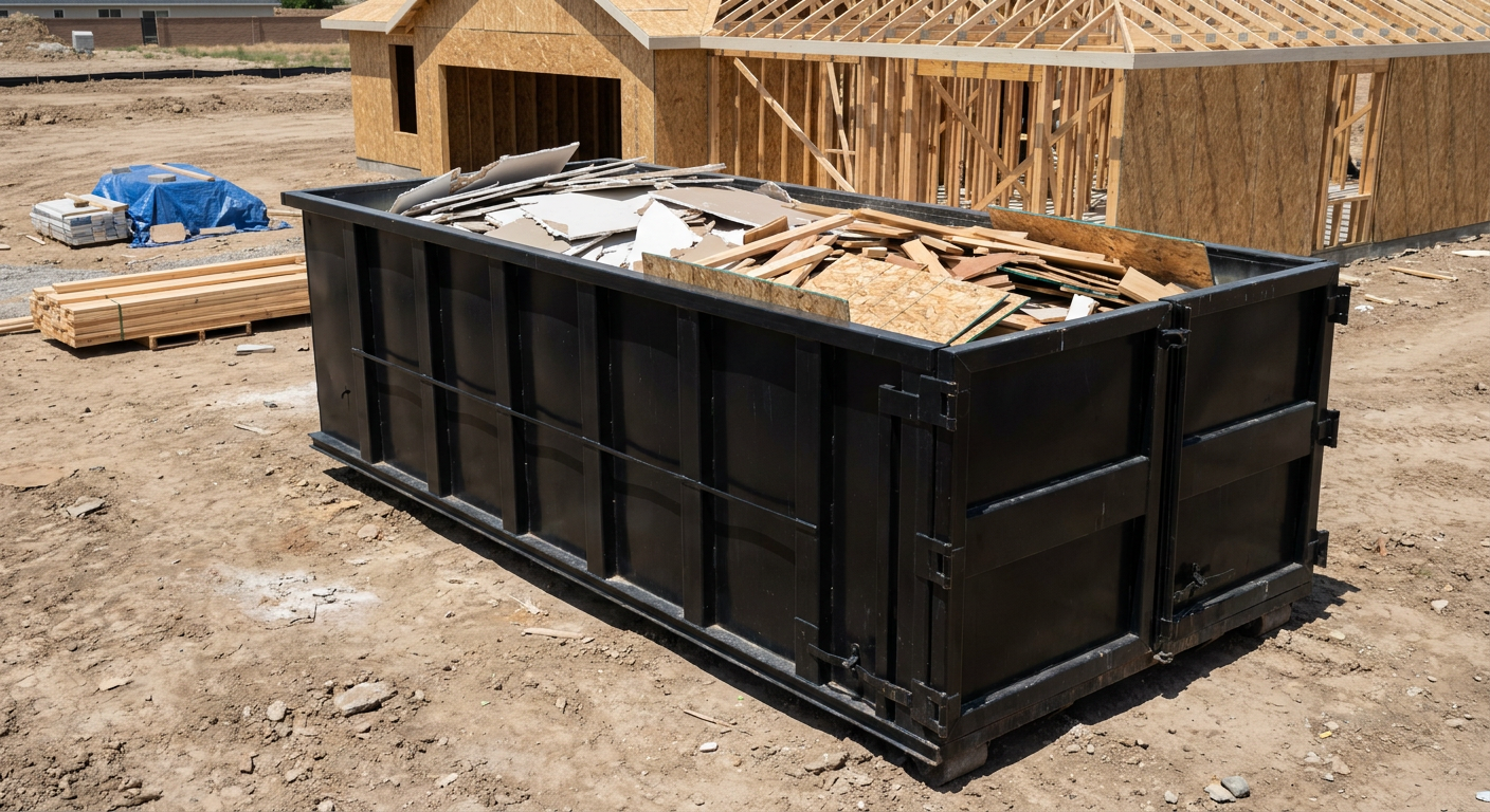 Matte-black 30-yard roll-off construction dumpster sitting directly on the compacted-dirt site of a framed single-family home build in El Paso, drywall and lumber scrap loaded inside.