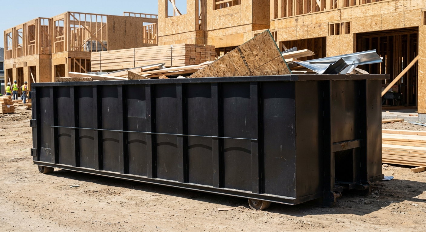 Matte-black 40-yard roll-off construction dumpster being lowered from a white-cab hooklift delivery truck onto the compacted-dirt jobsite at a commercial build site in El Paso