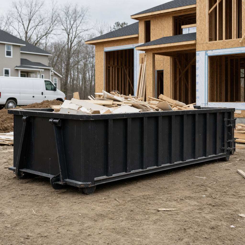Worker in a yellow high-visibility vest tossing framing lumber and broken drywall into a matte-black 30-yard construction roll-off dumpster on an active build site in El Paso, bright daylight