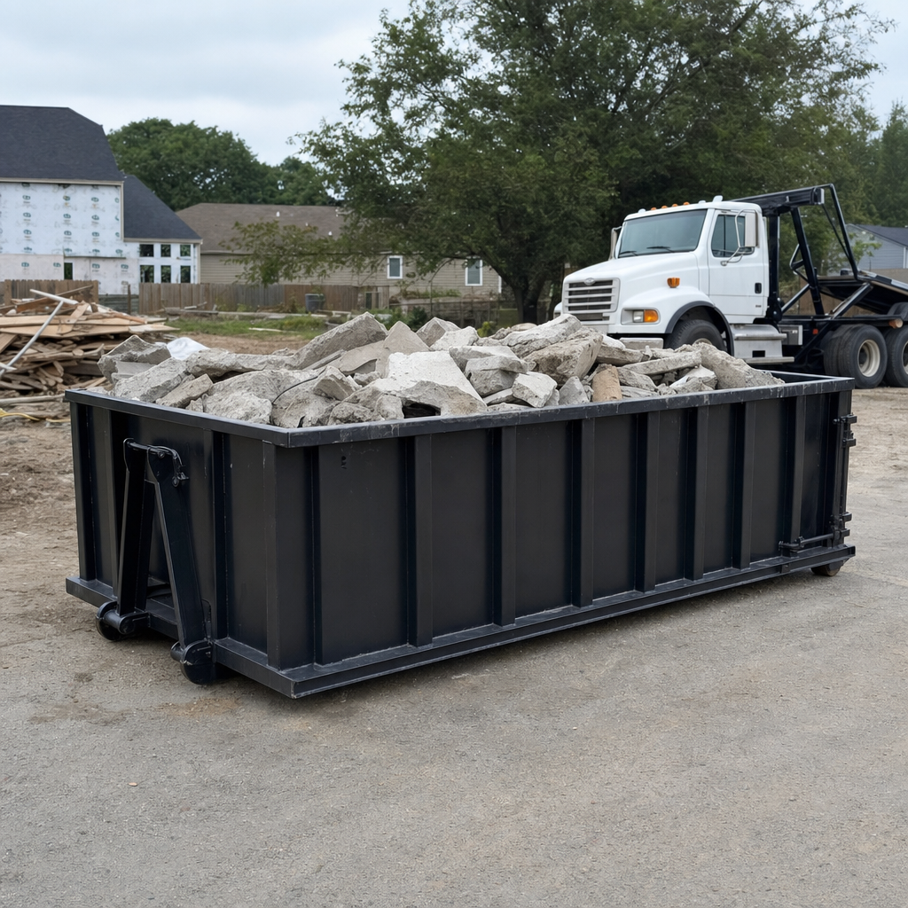 Low-profile matte-black lowboy roll-off dumpster loaded with broken concrete slab and rebar at a foundation tear-out in El Paso, skid steer parked beside it, sunny Colorado morning