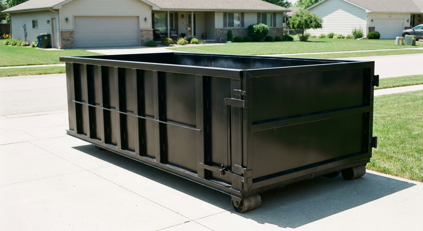 Matte-black 10-yard roll-off dumpster on a residential concrete driveway in El Paso, uniformly painted matte black across every panel and rail, ribbed steel sidewalls and rear swing door visible, mid-day daylight.