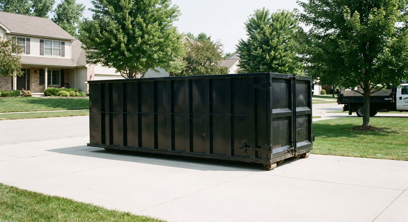 Matte-black 20-yard roll-off dumpster sitting level on a clean El Paso residential concrete driveway under bright daylight, demonstrating clean placement directly on the concrete.