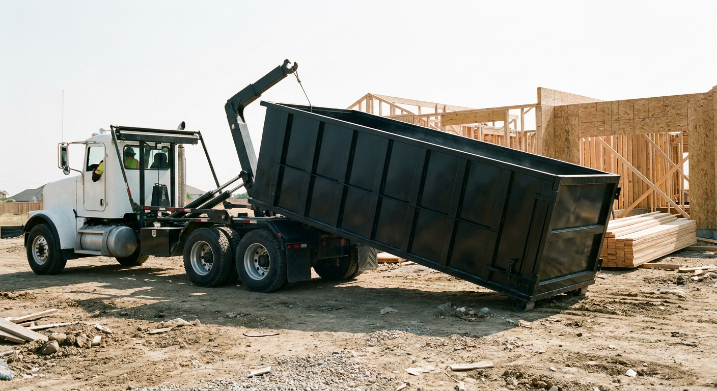 Matte-black roll-off dumpster being delivered onto a clean residential concrete driveway in El Paso by an unmarked white hooklift hauler truck, bright morning daylight, documentary 35mm perspective.