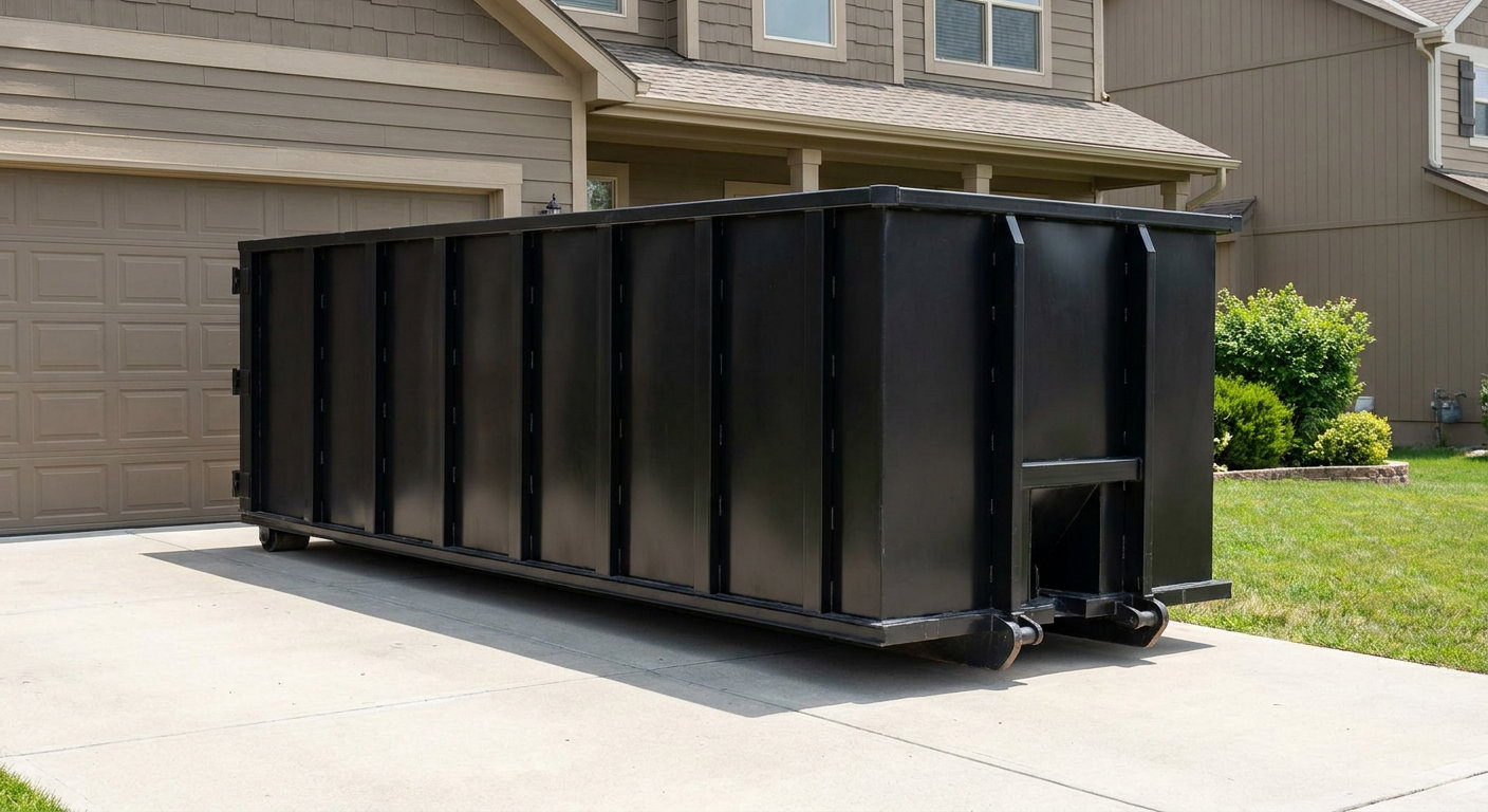 Matte-black residential roll-off dumpster sitting directly on a suburban El Paso concrete driveway, garage door closed, single-family home in background, bright morning daylight.