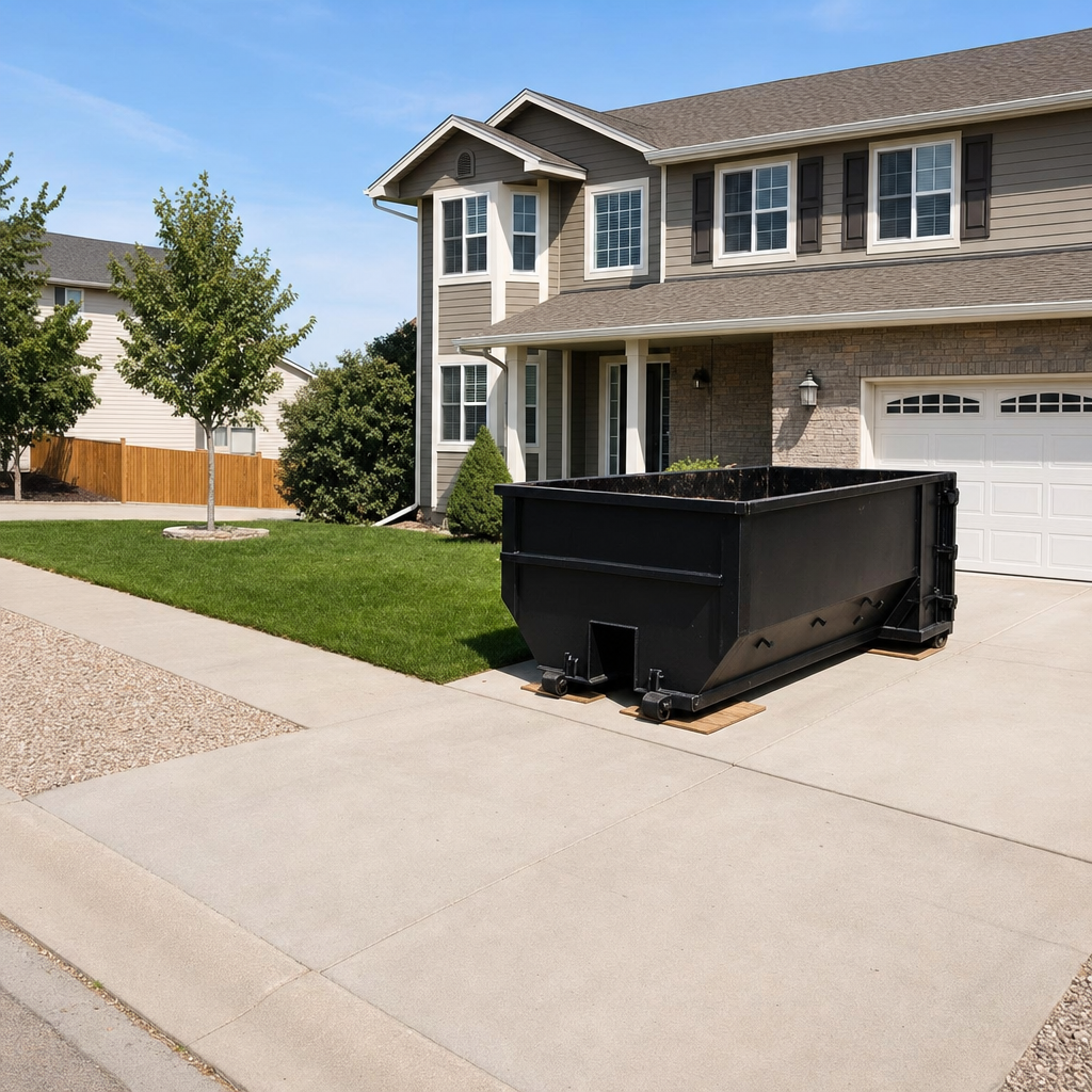 10-yard matte-black residential dumpster placed directly on a narrow El Paso concrete driveway, room remains for a parked sedan beside it, mid-morning natural light