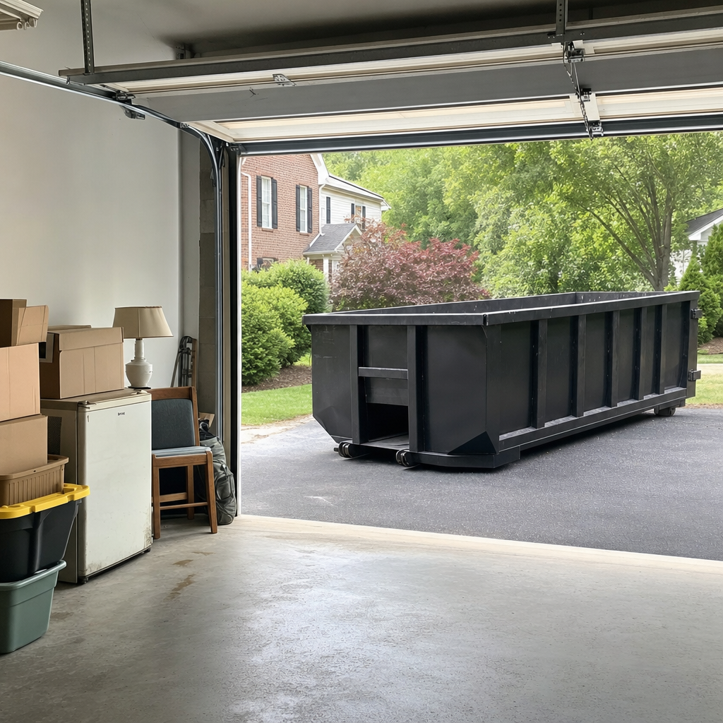 Open garage interior in a El Paso home mid-cleanout — boxed items, an old appliance, and stacked yard tools queued near the driveway for a matte-black roll-off dumpster, organized and calm