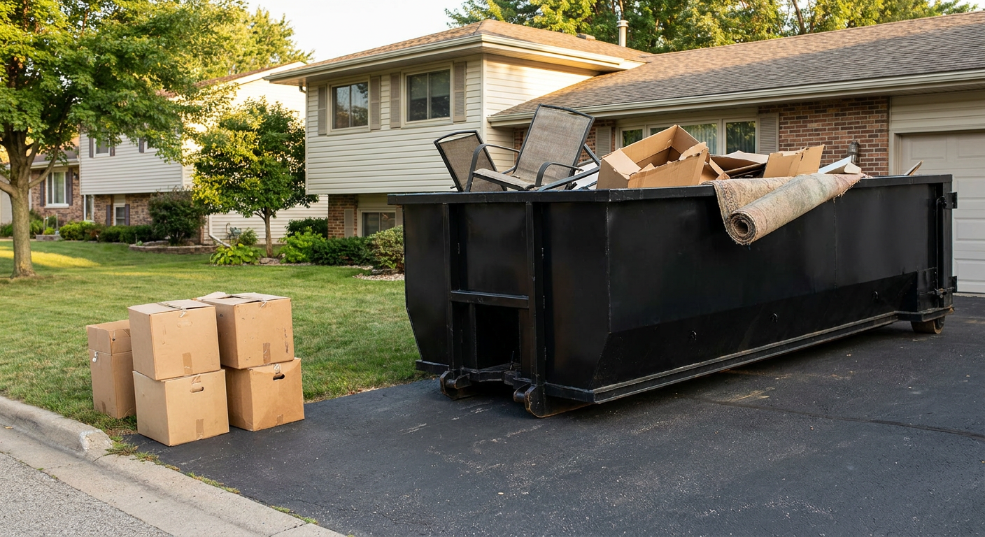 Front-yard view of a El Paso split-level home with a 20-yard matte-black roll-off dumpster sitting directly on the asphalt driveway, a few clearly labeled donation boxes staged at the curb, calm sunny afternoon.