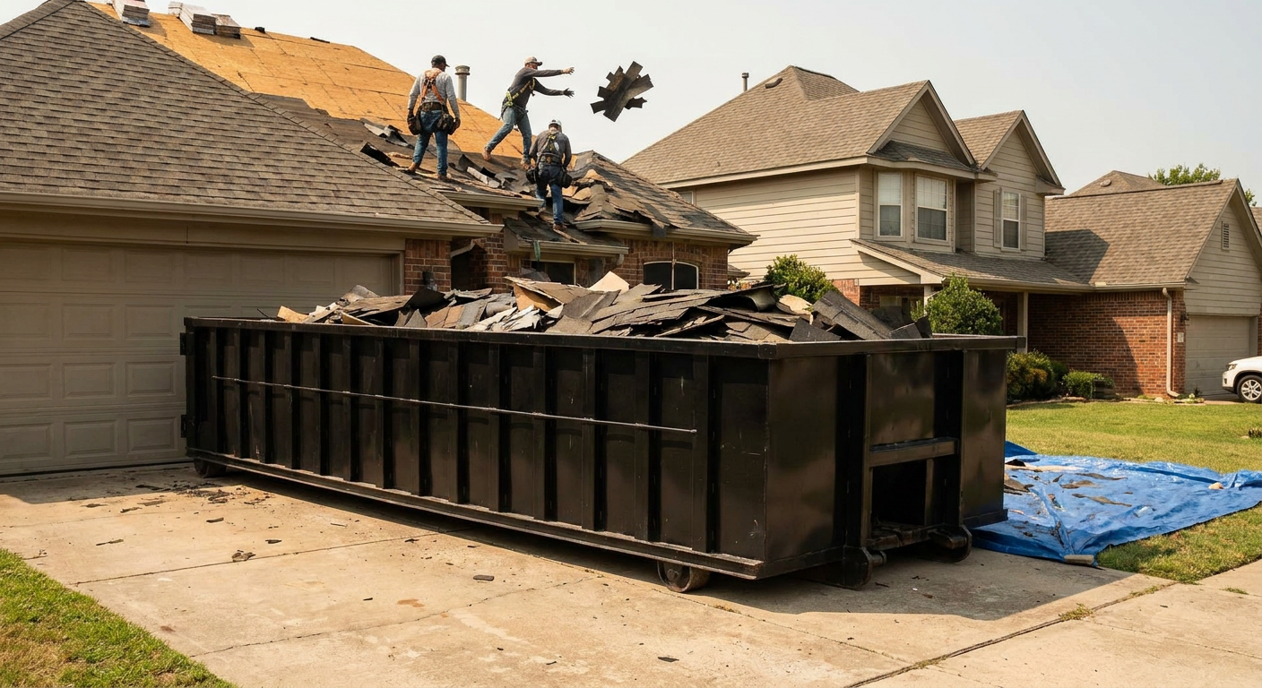 Matte-black roofing roll-off dumpster placed directly on a El Paso residential concrete driveway, a tear-off crew on a two-story asphalt-shingle roof tossing shingle bundles into the low-walled container, bright daylight, documentary 35mm perspective.