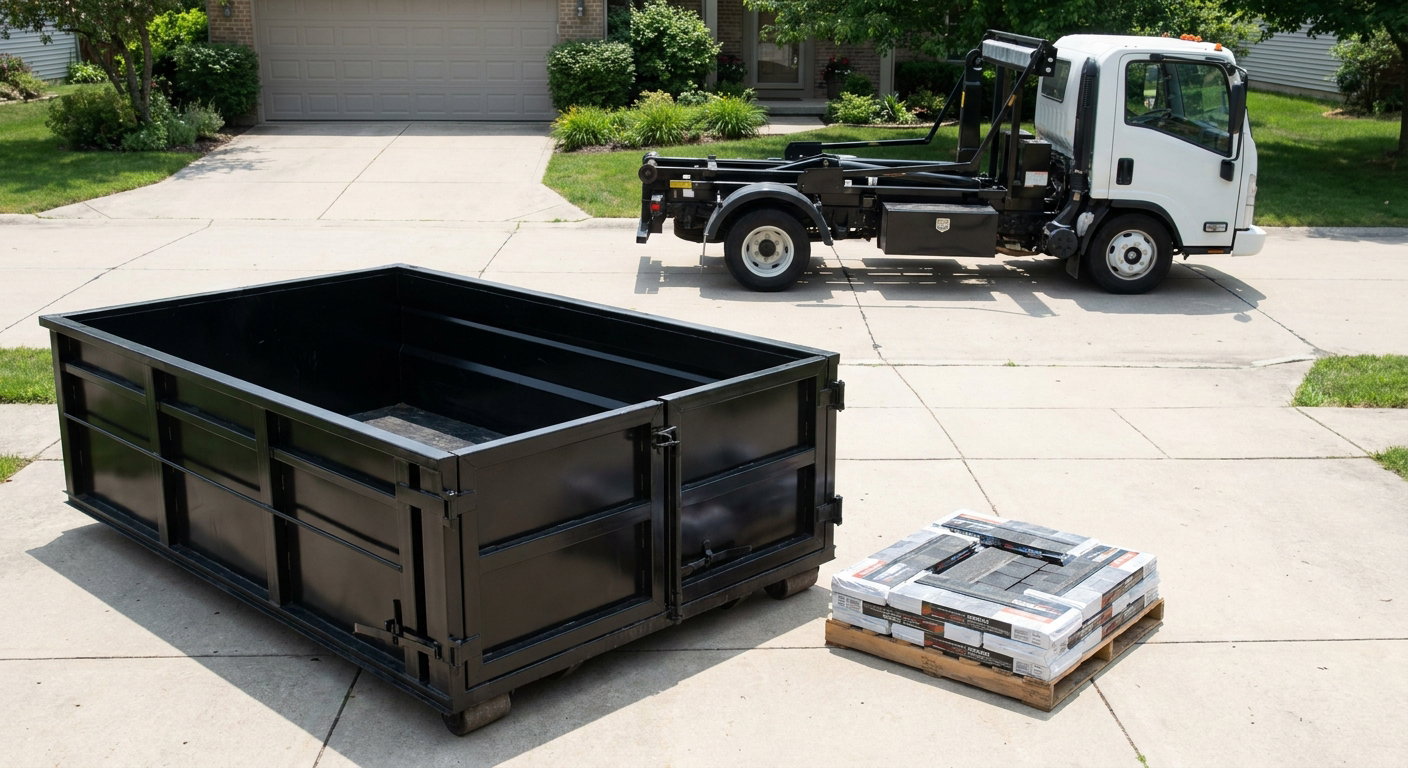 Matte-black 15-yard roofing roll-off dumpster with reinforced low side walls sitting directly on a El Paso residential concrete driveway, three-tab asphalt shingle bundles stacked nearby, an unmarked white hauler truck partially visible at the edge of the frame.
