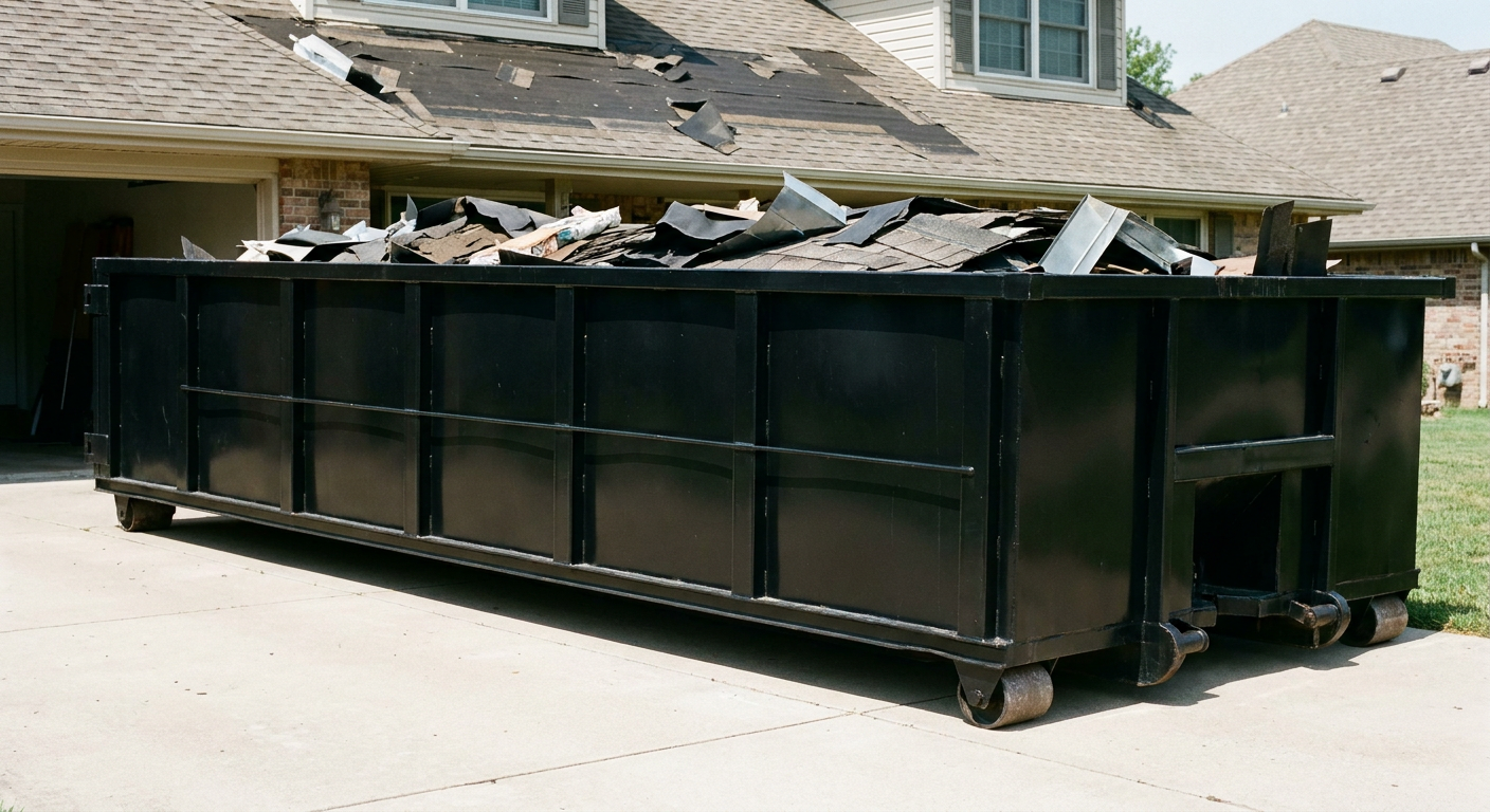 Matte-black 20-yard roofing roll-off dumpster with steel ribbed sides and swinging rear door, sitting directly on the concrete driveway of a two-story El Paso home, asphalt shingle debris being loaded over the low wall, clean documentary lighting.