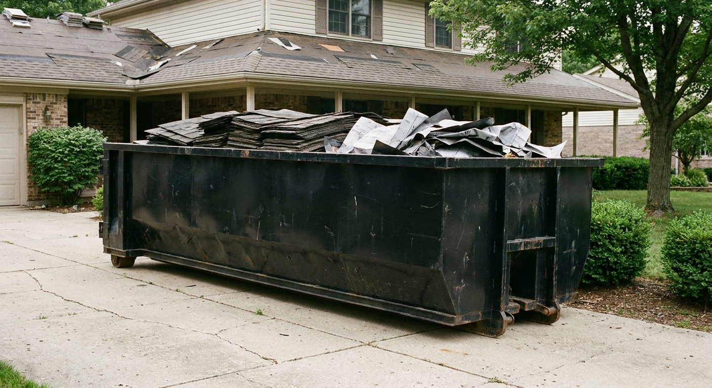 Matte-black 30-yard roofing roll-off dumpster sitting directly on a El Paso concrete driveway, taller ribbed steel side panels, mixed tear-off debris of asphalt shingles and underlayment inside, professional documentary daylight.