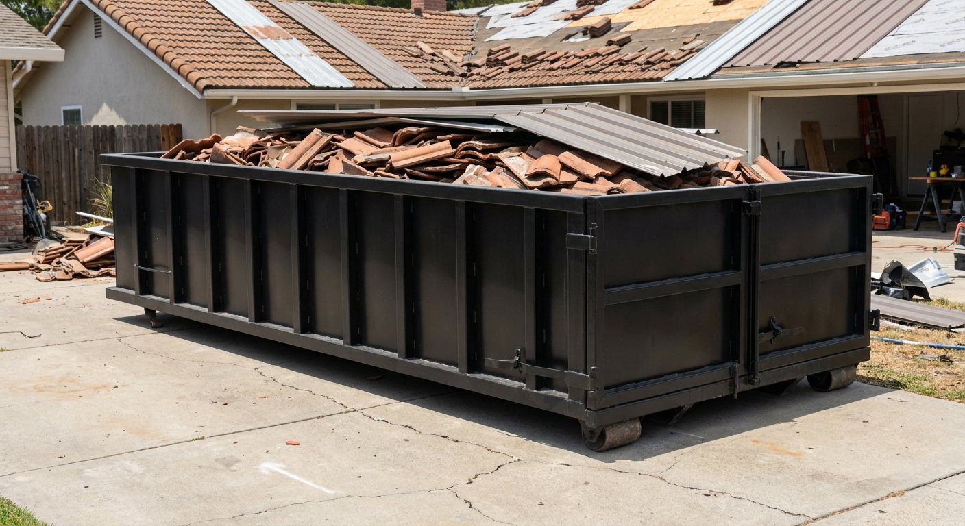 Matte-black low-wall heavy-debris roofing roll-off dumpster sitting directly on a El Paso concrete driveway, broken concrete clay roof tiles and metal panel sections loaded inside, reinforced ribbed steel side walls visible, bright outdoor daylight.