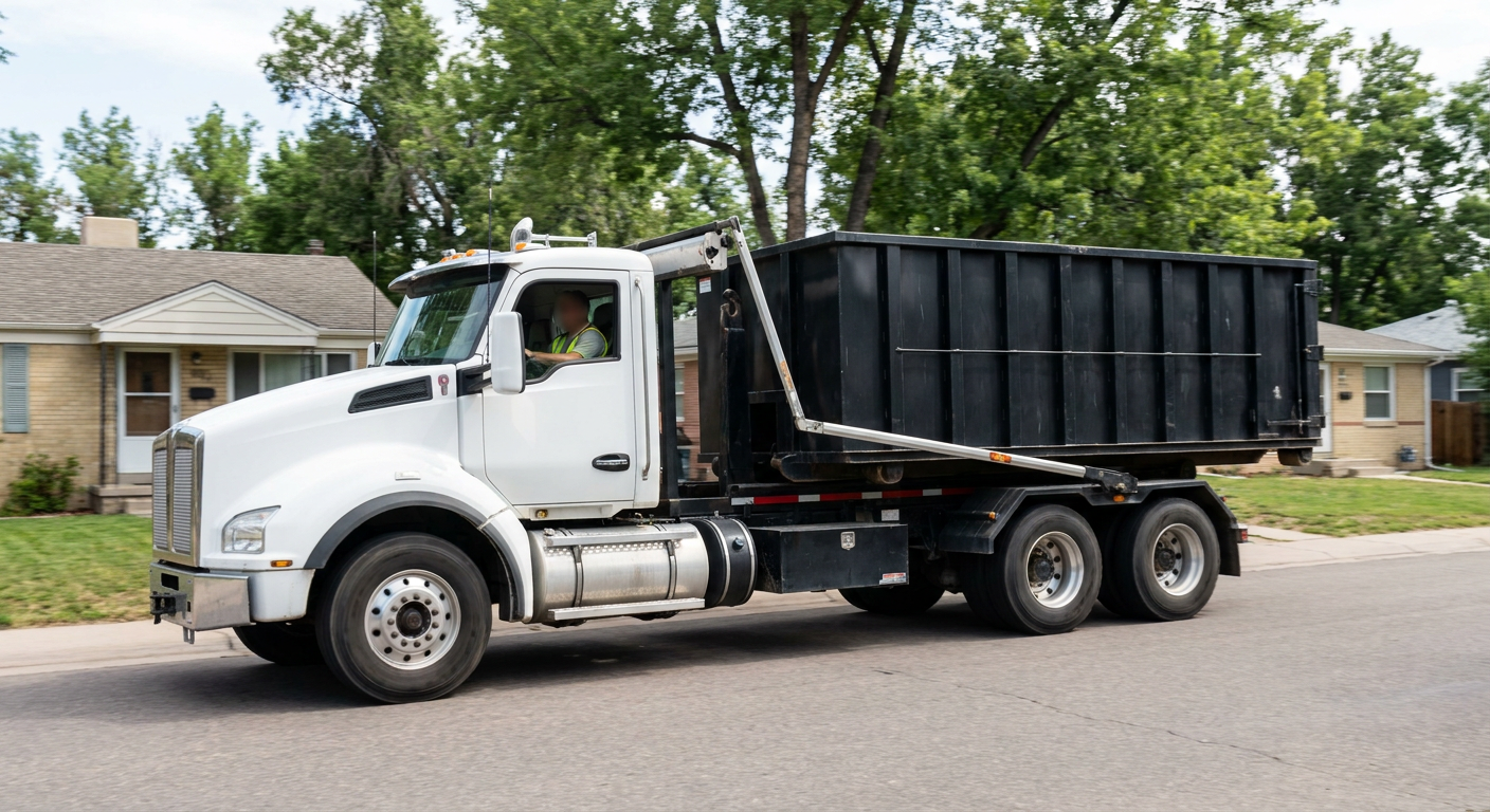 A wide documentary shot of a matte-black roll-off delivery truck pulling onto a quiet El Paso residential street at mid-morning, with neighborhood rooftops and tree-lined blocks visible behind, showing the metro coverage footprint.