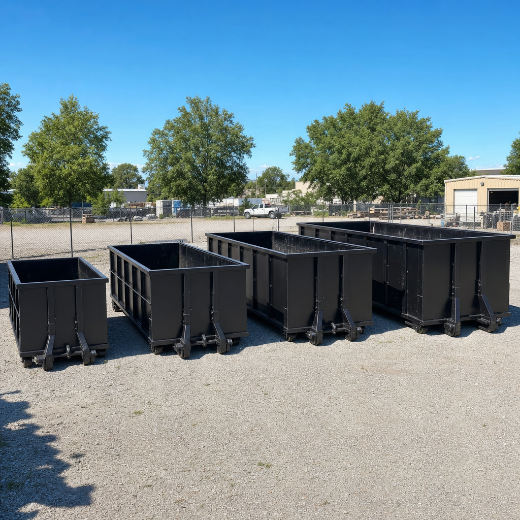 A clean lineup of matte-black roll-off dumpsters in 10, 20, 30, and 40-yard sizes staged on a sunlit gravel yard in El Paso, showing the size progression from compact to commercial-scale containers.