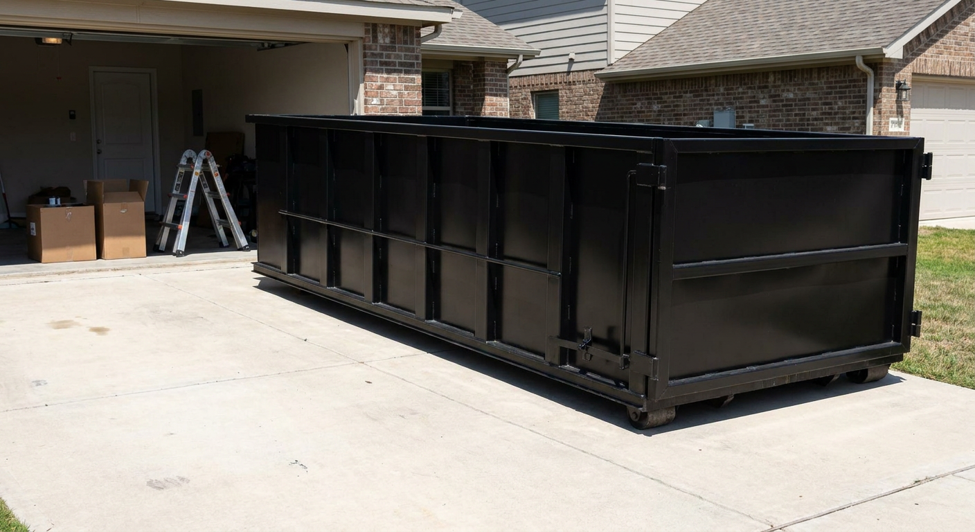 A matte-black 10-yard roll-off dumpster sitting directly on a residential El Paso concrete driveway, mid-day sunlight, clean and ready for a garage cleanout.