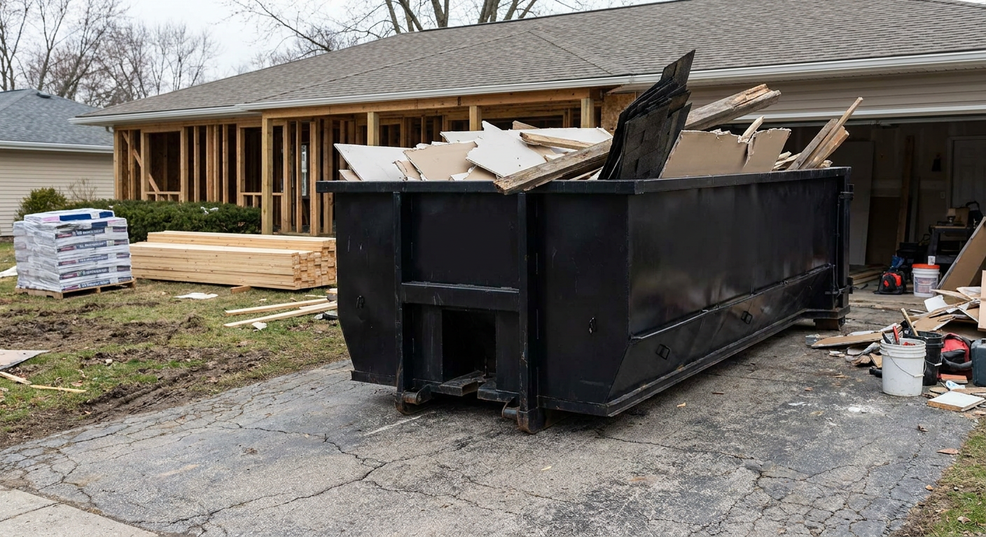 A matte-black 20-yard roll-off dumpster placed alongside a mid-renovation El Paso home directly on the asphalt driveway, with framing materials and torn-off shingles staged neatly nearby.