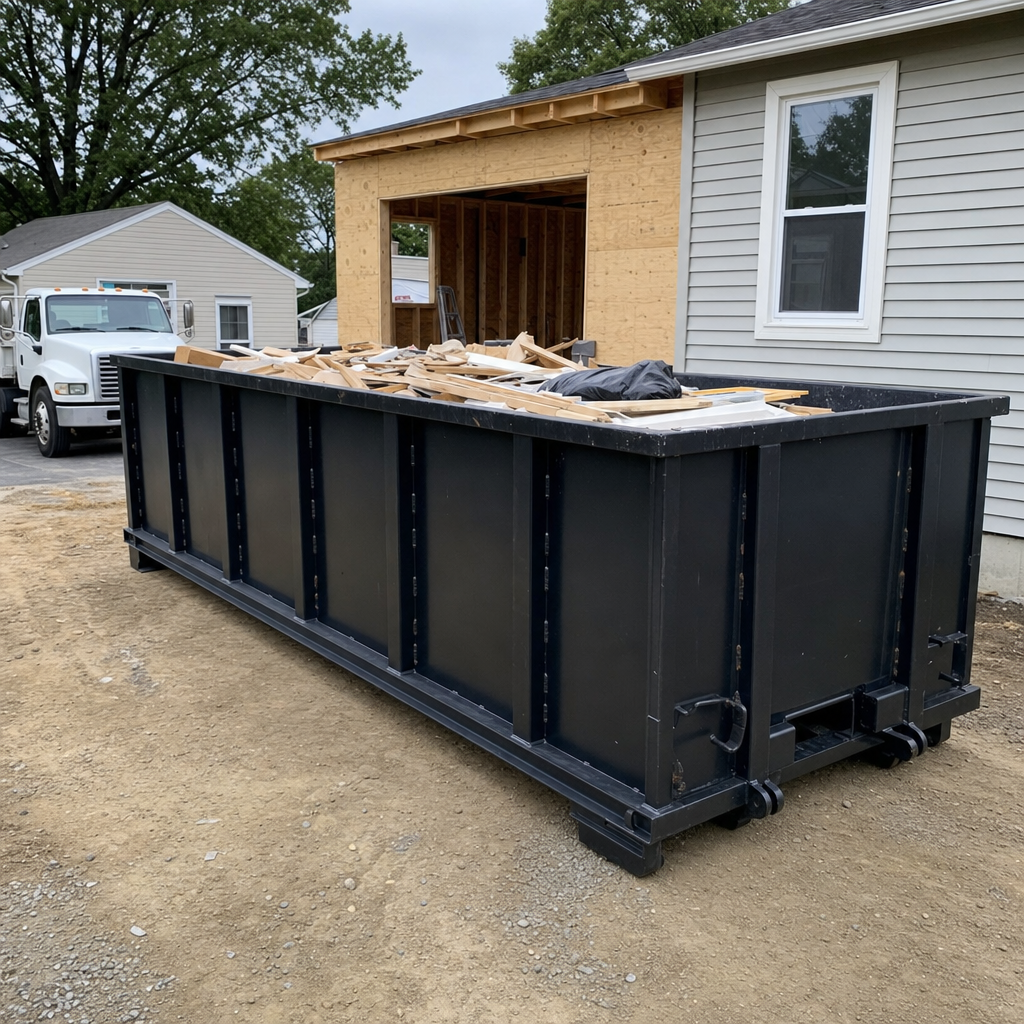 A matte-black 30-yard roll-off dumpster positioned at a El Paso residential addition jobsite, with framing lumber and drywall scraps loaded through the open swinging rear doors.