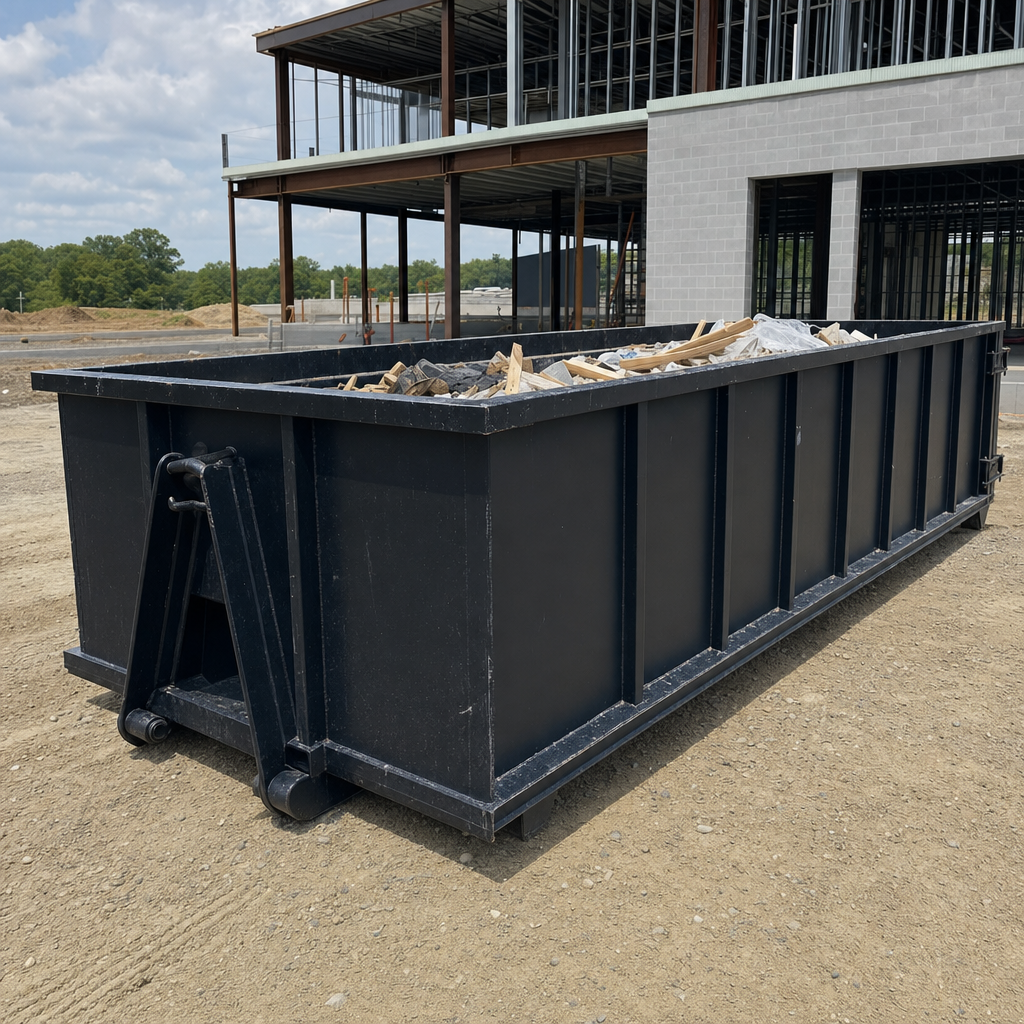 A matte-black 40-yard roll-off dumpster staged on a large El Paso commercial construction lot, with a hooklift delivery truck parked alongside under bright midday sky.