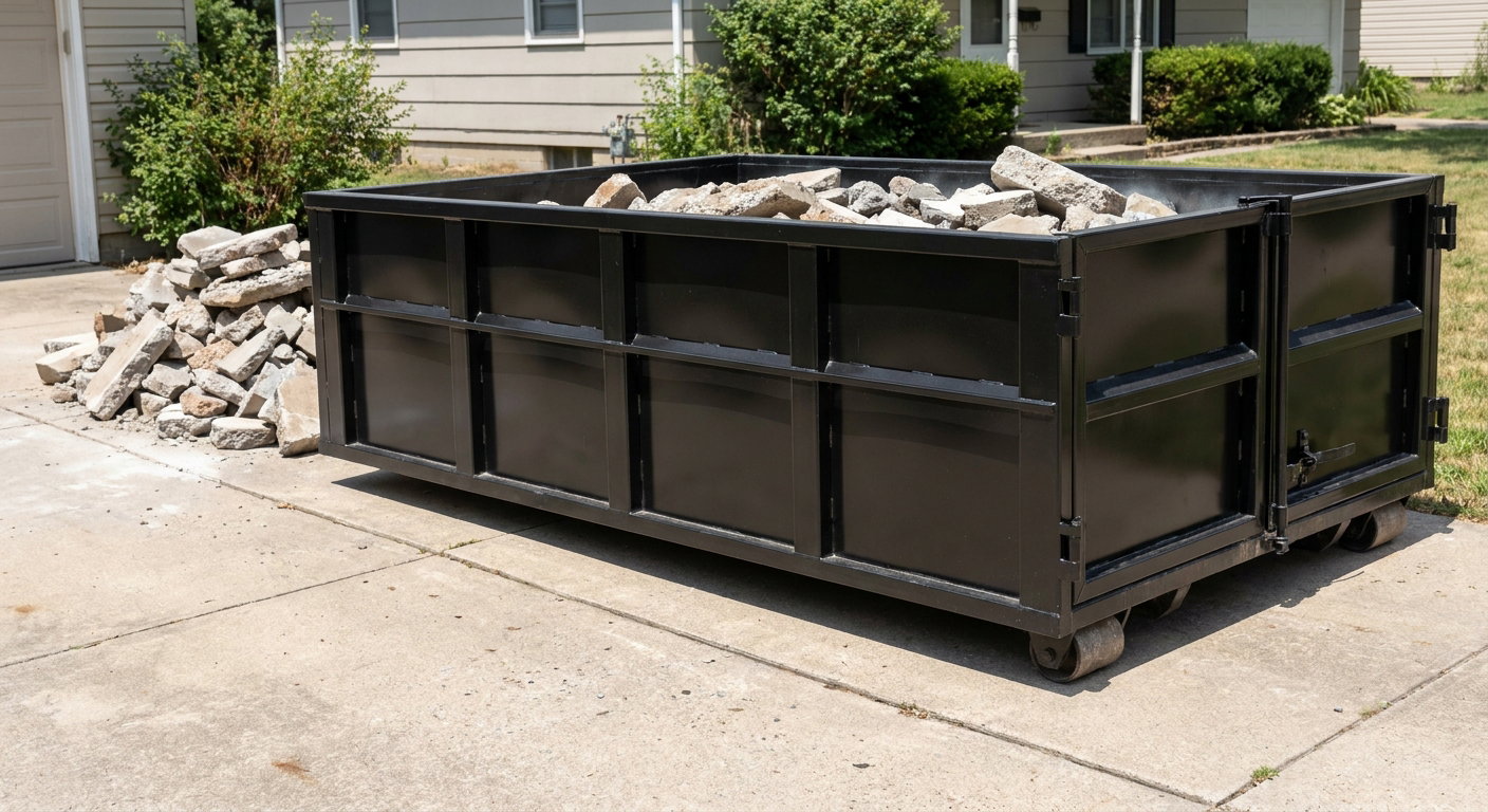 A matte-black low-side heavy-debris roll-off dumpster placed directly on a El Paso concrete driveway, with broken concrete chunks neatly stacked beside it under clean daylight.
